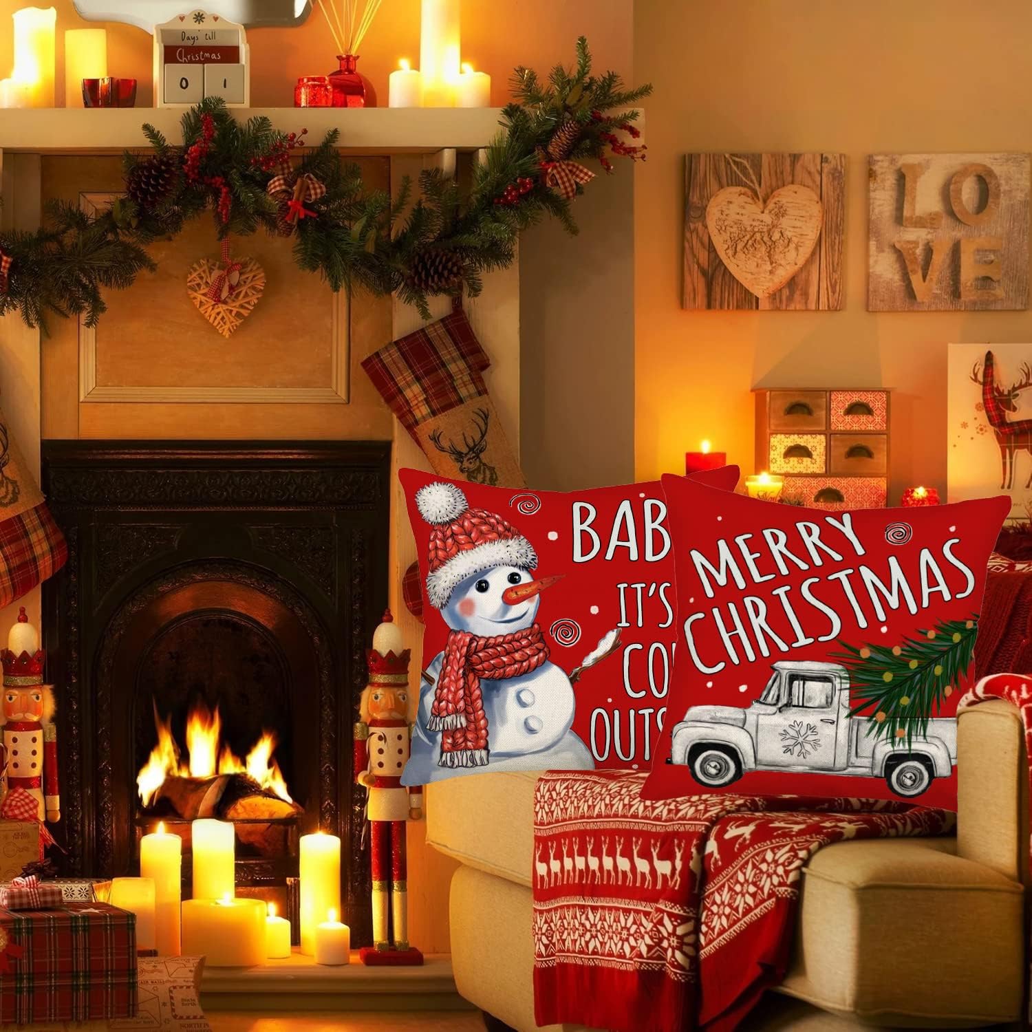 Winter Christmas Pillow Covers 20x20 Inch Silver Truck Snowflake with Red Farm Xmas Tree Snowman Baby It‘s Cold Outside Let it Snow Throw Pillow Cases New Year Decor Set of 4 Cushion Cover