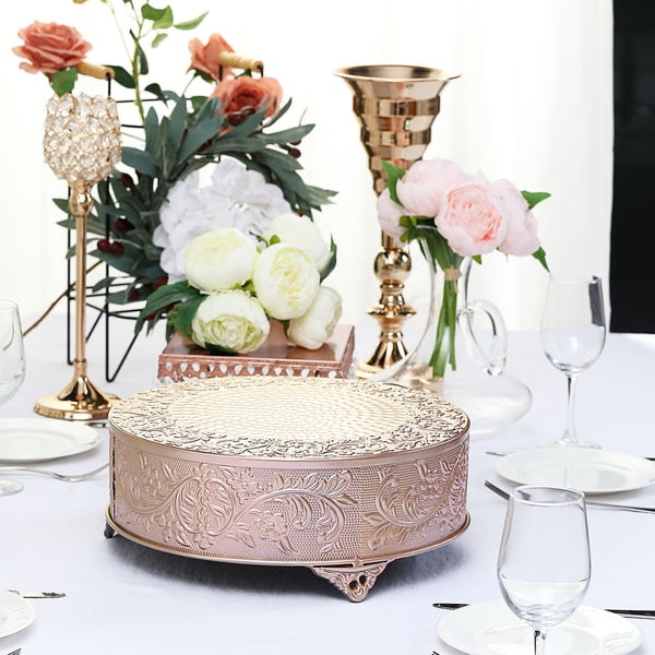 Efavormart 14 inch Gold Round Embossed Metal Cake Plateau Stand Riser Wedding Birthday Party Dessert Cake Pedestal Display Plate 