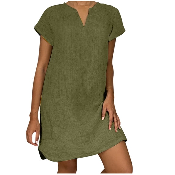 SMihono Summer Cotton Linen Straight Shift Dress for Women Slip Solid Casual House Dress Slit V Neck Babydoll Vacation Loose Casual Beach Pencil Dress Cap Sleeve Short Sleeve Prom Dress Army Green 10