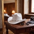 thumbnail image 6 of Western Cowboy Hats for Women Classic Felt Wide Brim Fedora Hat with Belt Buckle Retro Panama Hat Unisex Rolled up Cap White One Size, 6 of 7