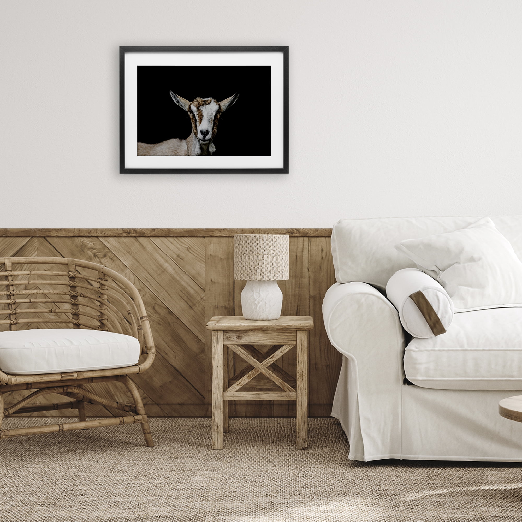 Goat Face over Black Black Framed Print Under Glass, design by Amy Carroll