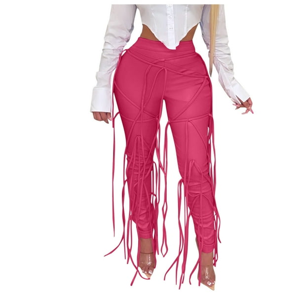 PEASKJP Women's Straight Leg Leather Pants Stretch Ankle Leather Leggings,  Pink M 