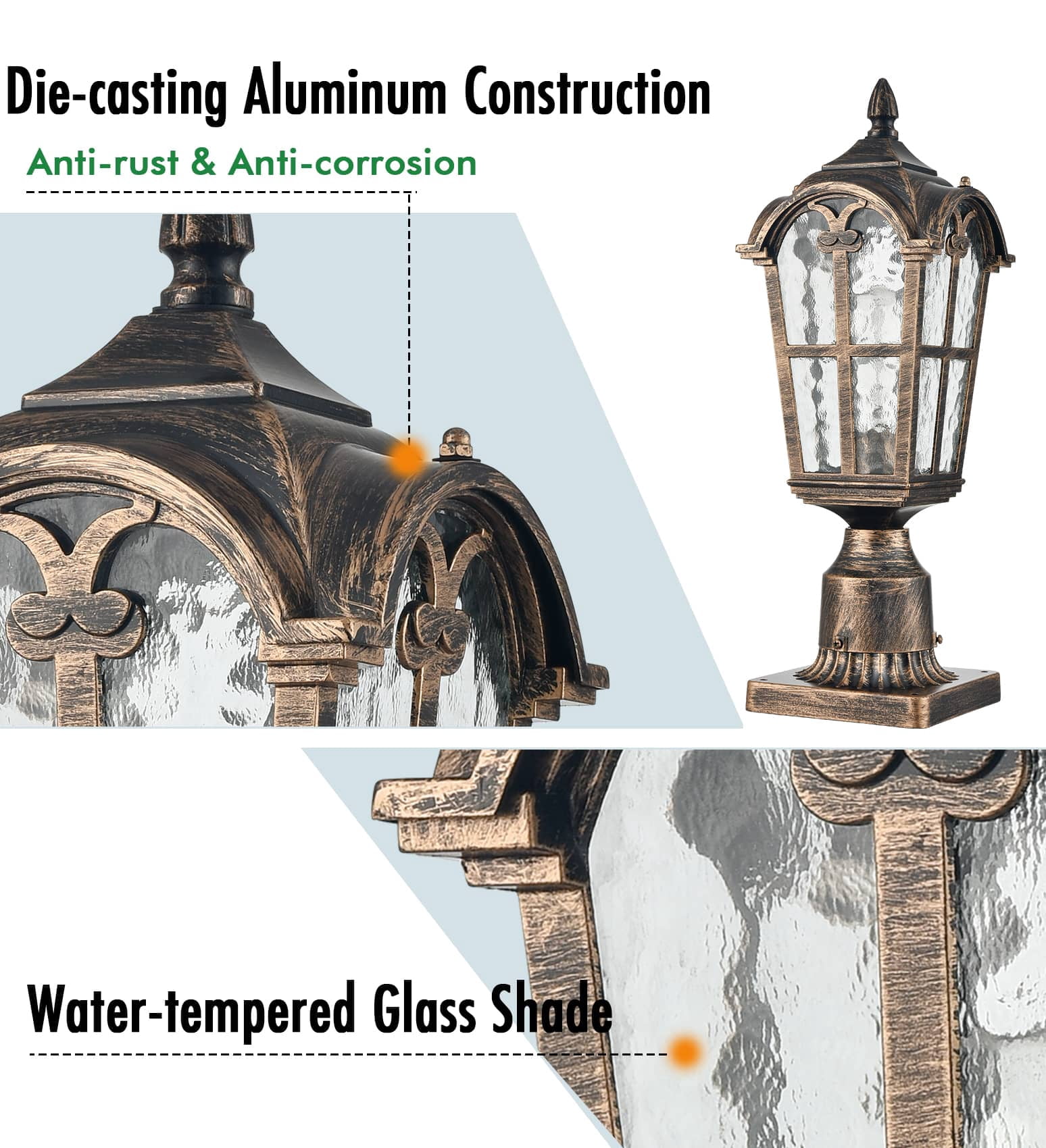 Claxy Bronze Outdoor Post Light Pole Lantern Lamp with Water Glass Shade