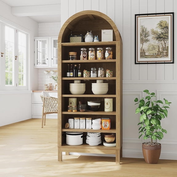 71in Tall Arched Shoe Cabinet 7-Tier Wooden Shoe Rack with Adjustable Shelves Freestanding Modern Organizer Storage Shelf for Entryway Closet Hallway Living Room Natural