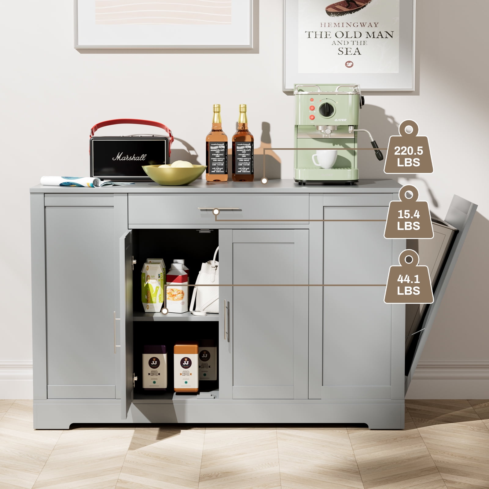 Pirecart 53" Kitchen Island with Trash Can Storage, Kitchen Island Storage with Drawer, Open Shelves, Gray