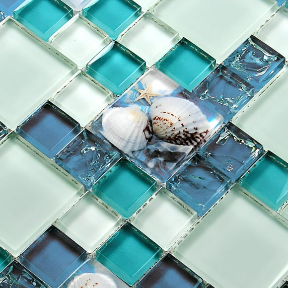 Hominter Glossy Glass Tile with Inner Crack Effect Resin Shell Beach Style Decor Sky Blue Versailles Pattern Elegant Mosaic Kitchen Backsplash Bathroom Shower Wall Tiles (5 Square Feet)