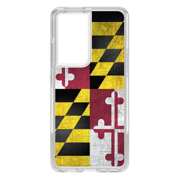DistinctInk Clear Shockproof Hybrid Case for Galaxy S21 ULTRA 5G (6.8" Screen) - TPU Bumper, Acrylic Back, Tempered Glass Screen Protector - Old Weather Maryland Flag - Love of Maryland