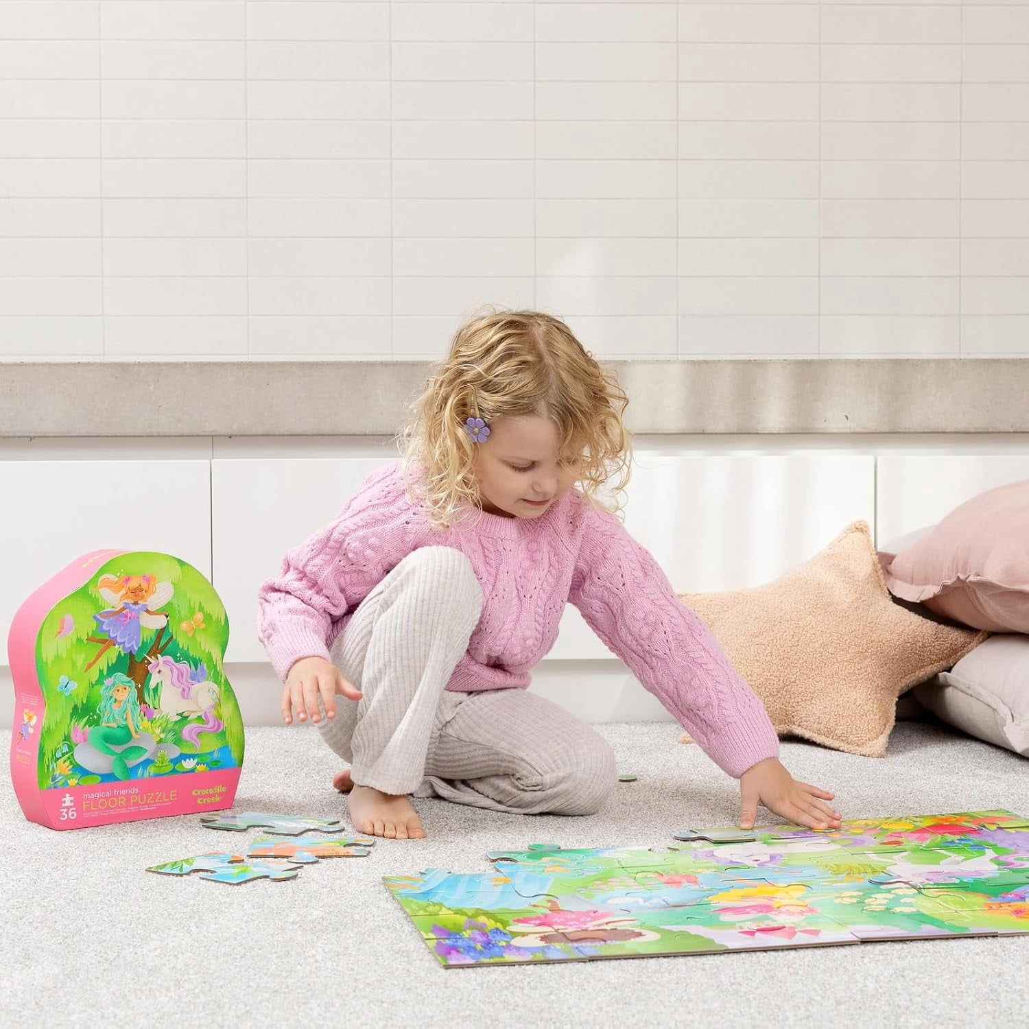 Crocodile Creek 36-Piece Jigsaw Floor Puzzle - Fun Floor Puzzles for Kids Ages 3-5 - Heavy-Duty Shaped Box for Storage - Magical Friends - 27" W x 20" H Finished