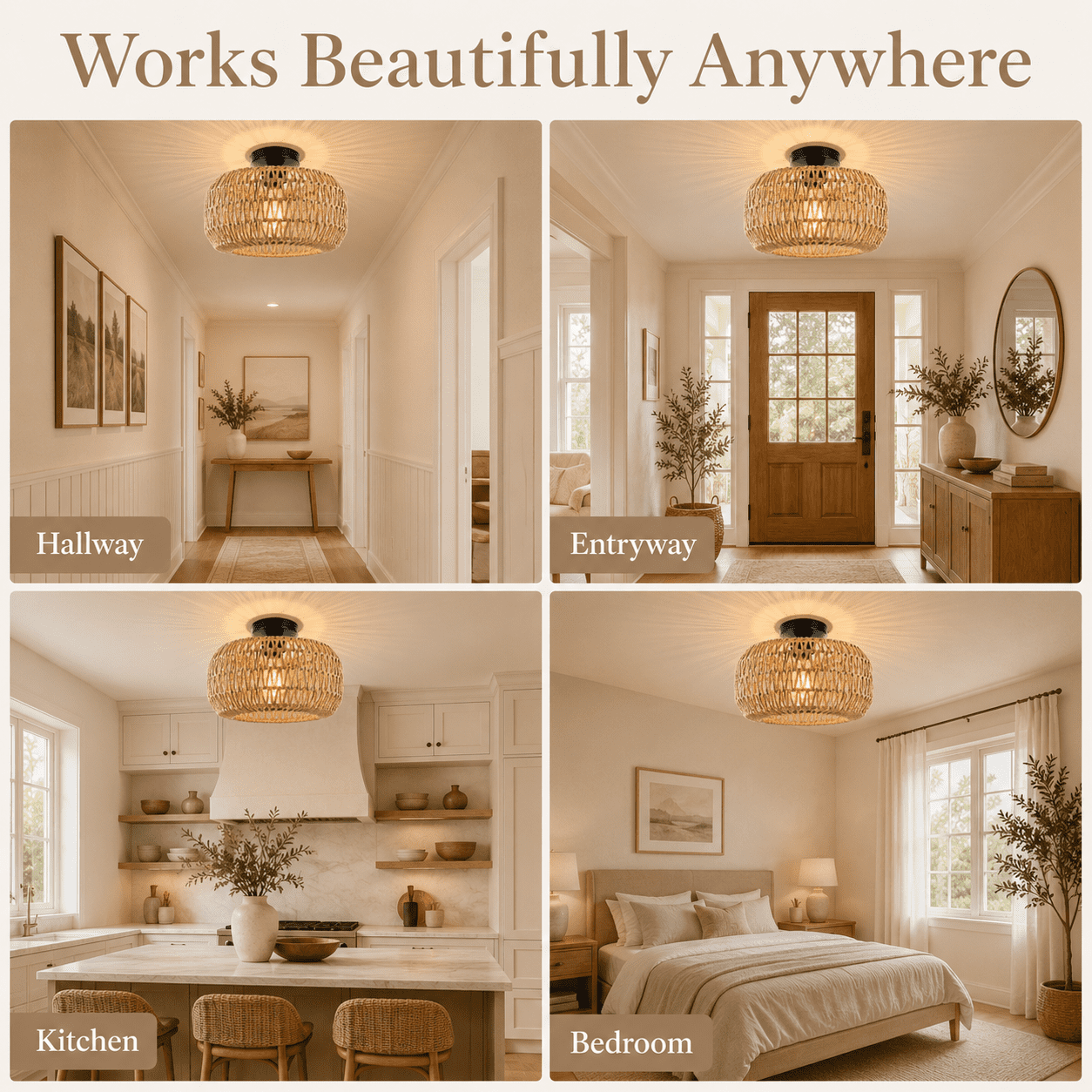 DONGPAI Boho Light Fixtures Ceiling Mount, 11.8" Rattan Mini Chandelier Hand Woven Wicker Semi Flush Mount Ceiling Light for Bedroom Kitchen Hallway Entryway Living Room (Bulb Included)