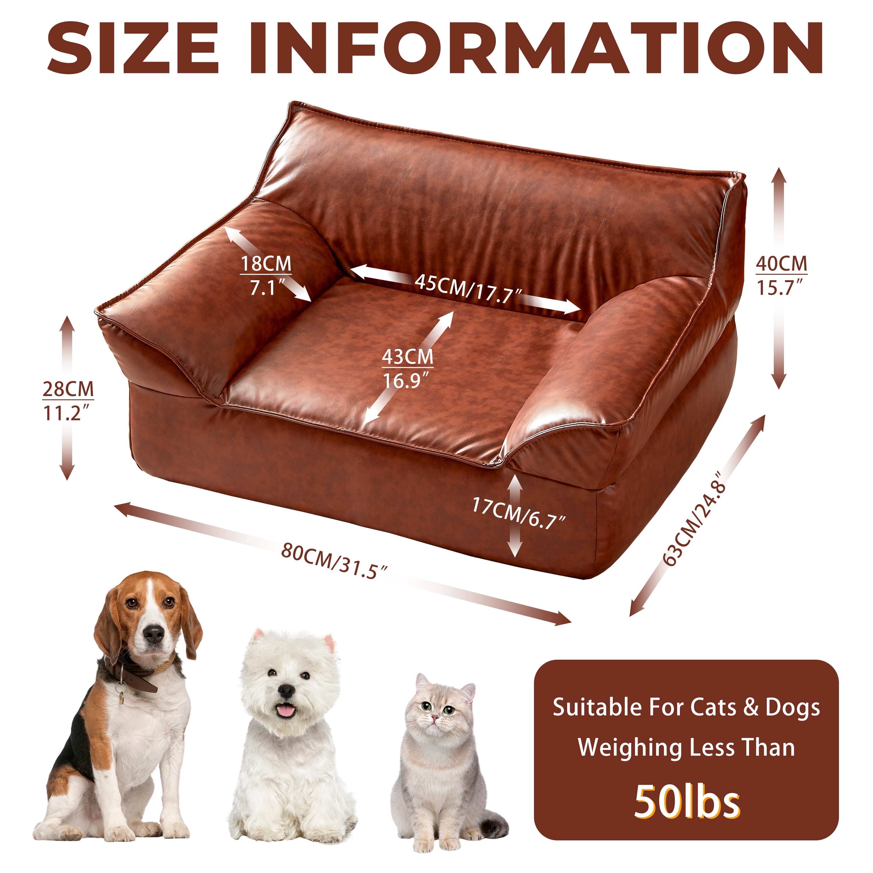 ATJafurn 31.5''W Leather Brown Dog Bed Sofa, Mid-Century Modern Pet Bed Couch for Medium Dogs up to 50lbs with Removable & Washable Cover