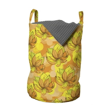 Floral Laundry Bag, Rhythmic Lotus Like Flowers in Romantic Tangerine Tones Pattern, Hamper Basket with Handles Drawstring Closure for Laundromats, 13" x 19", Pale Orange Yellow Green, by Ambesonne