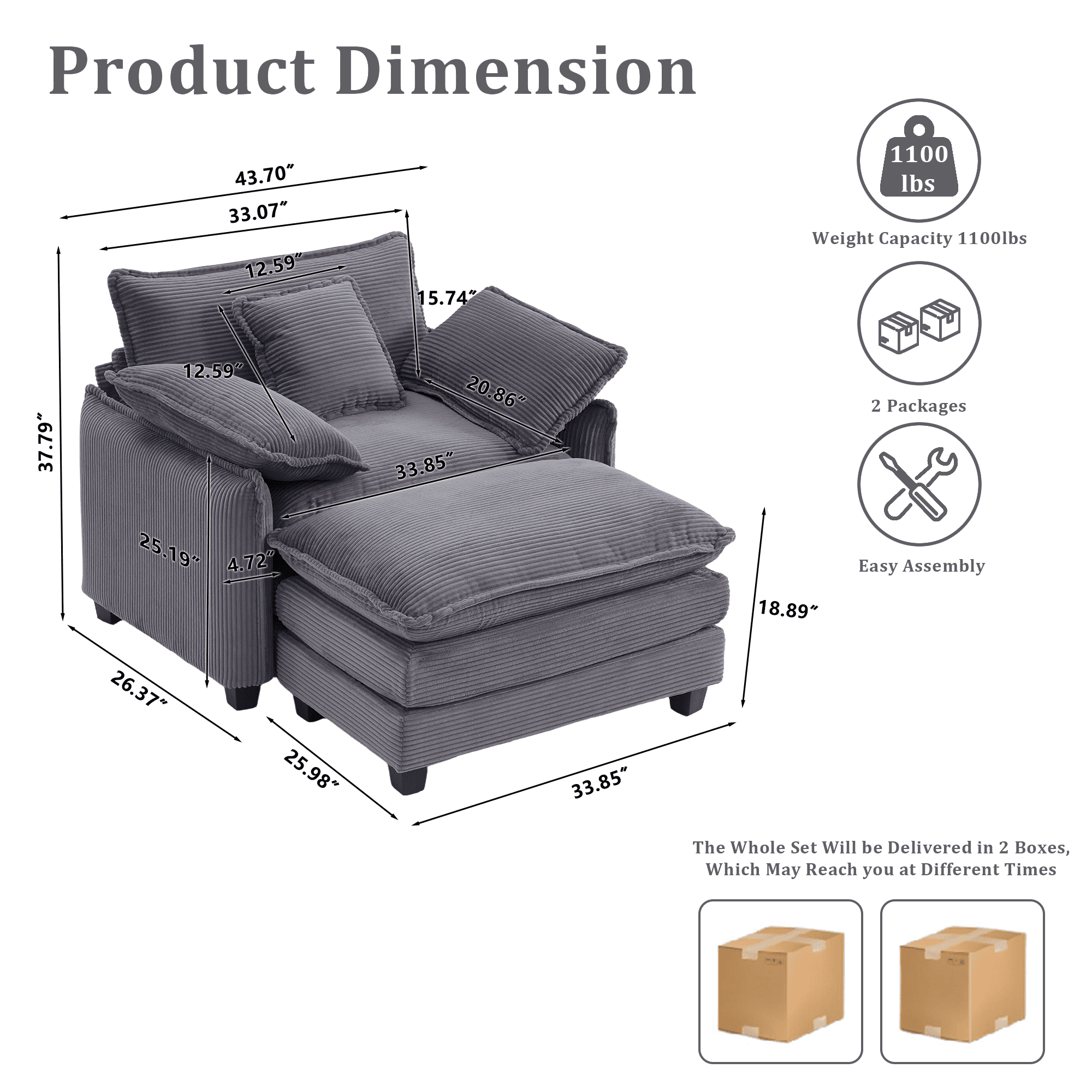 Gexpusm Wide Upholstered Sofa for Living Room and Bedroom, Comfy Living Room Chair, Single Sofa with Ottoman, Gray