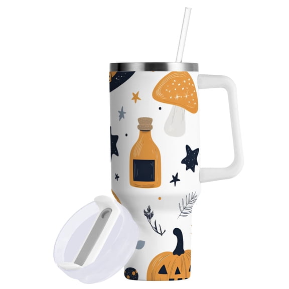 Yayeee 40oz Stainless Steel Tumbler with Straw and Handle Double-Wall Insulated Travel Water Bottle, White Halloween Pattern