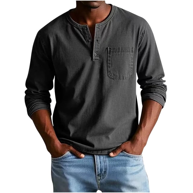pstuiky camisetas de manga larga para hombre, Camisa informal versátil de poliéster con cuello abotonado y bolsillo de manga larga para hombre camisetas de hombre xxxxl