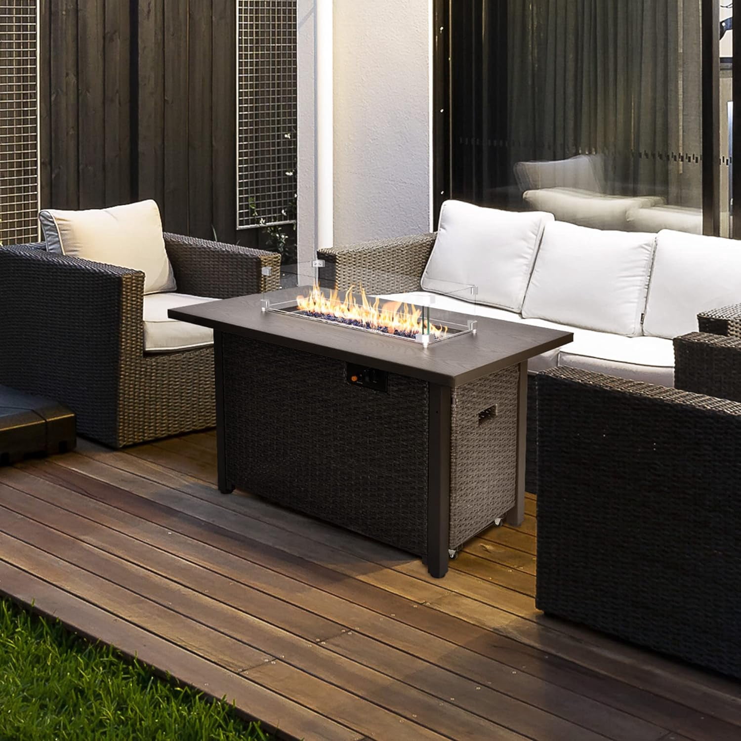 Phonjoroo Fire Pit Table 42 in Outdoor Propane Gas Fire Pit for Outside 50,000 BTU Auto-Ignition Gas Firepit Outdoor Rattan Table with Glass Wind Guard and Cover