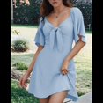 thumbnail image 3 of Vestido Mini Elegante con Escote en V Profundo y Lazo en Azul S, 3 of 8