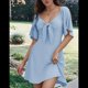 thumbnail image 3 of Vestido Mini Elegante con Escote en V Profundo y Lazo en Azul L, 3 of 8