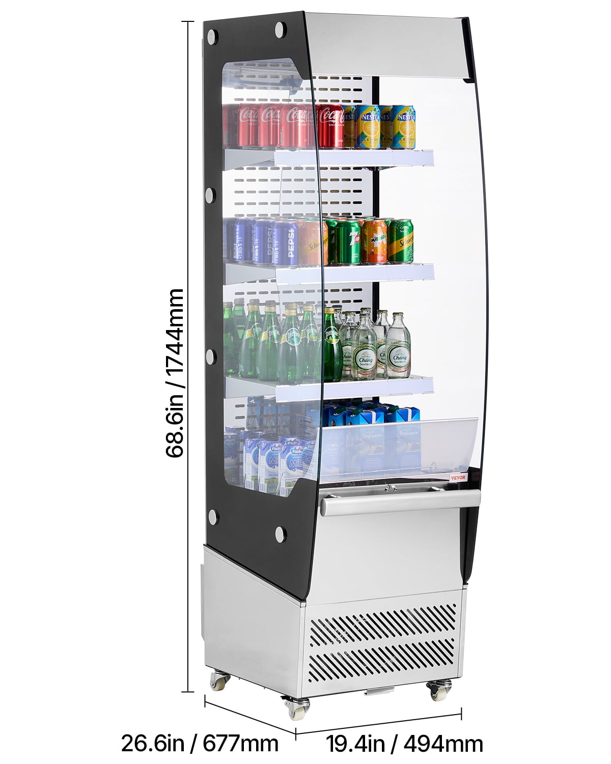 VEVOR Open Air Merchandiser, 3-Tier Shelving Commercial Refrigerator, Grab and Go Display Cooler Refrigerator with Air Curtain, 4 Swivel Wheels, LED Light, for Restaurants, Stores, Office, 7.8cu.ft.