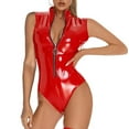 thumbnail image 2 of Women Tank Leather Bodysuit, Sexy Zipper Open Breast, Plus Size Shiny Latex Leotard, 2 of 9
