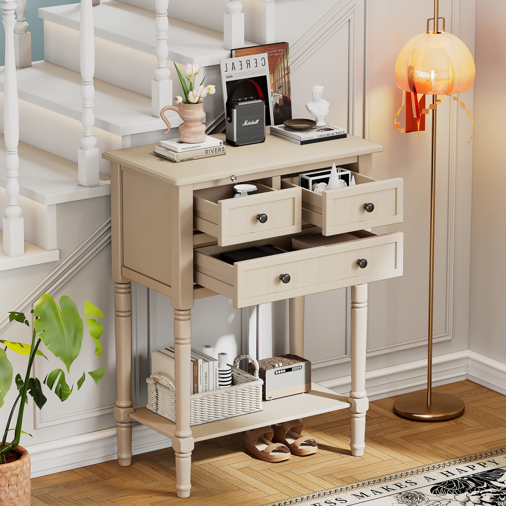 Harper & Bright Designs Narrow Console Table with Storage Drawers and Bottom Shelf for Entryway Living Room, Retro Console Table for Small Space, Beige