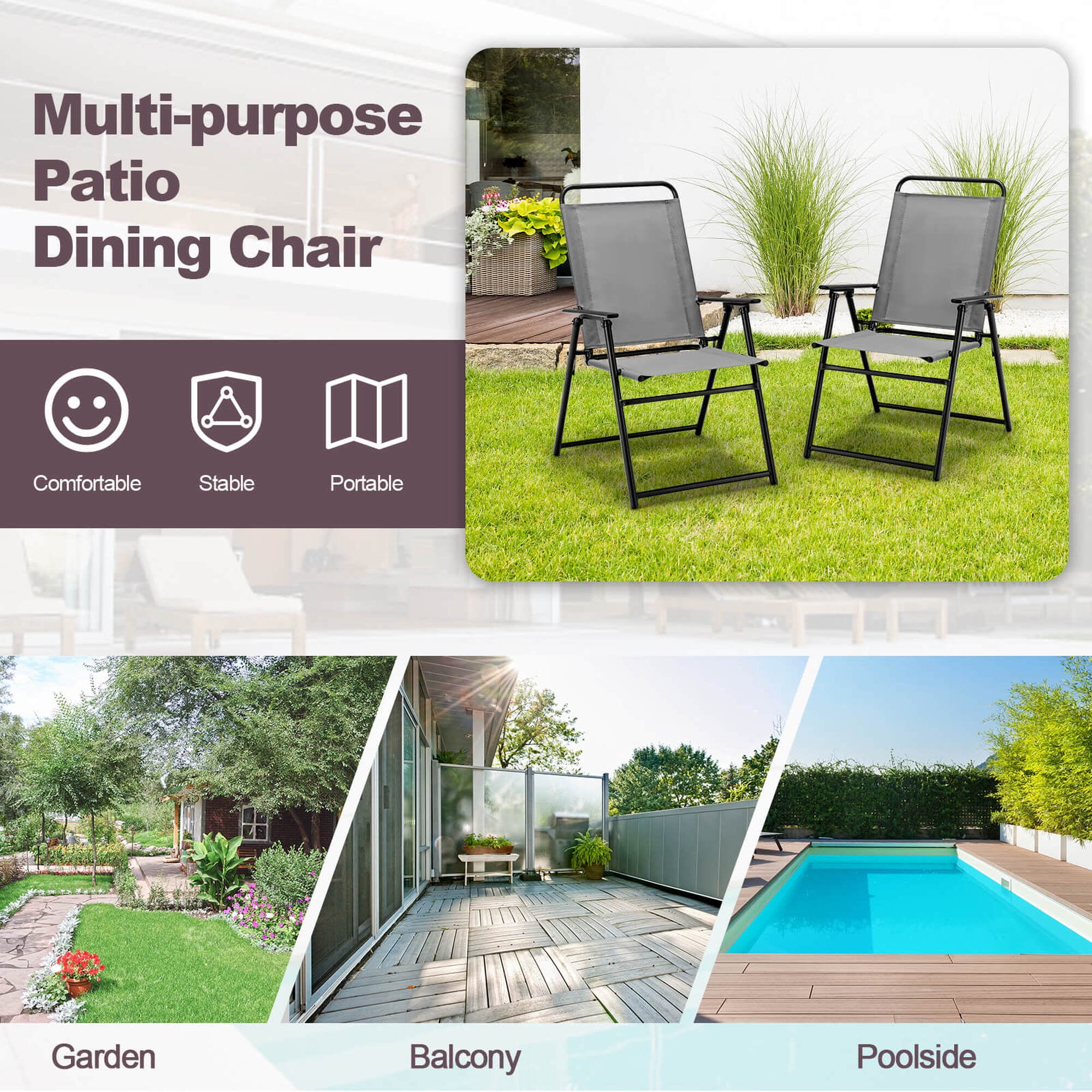 Costway 2pcs Patio Folding  Chairs Dining Armrest Backrest Outdoor Portable Gray