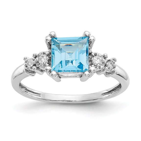 10K White Gold Ring Band Gemstone Diamond Round Swiss Blue Topaz Square