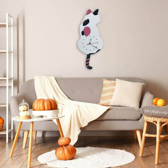 Stylish Feline Wall Timepiece Featuring Animated Motion For Quiet Sweep Mechanism And Battery Powered Operation