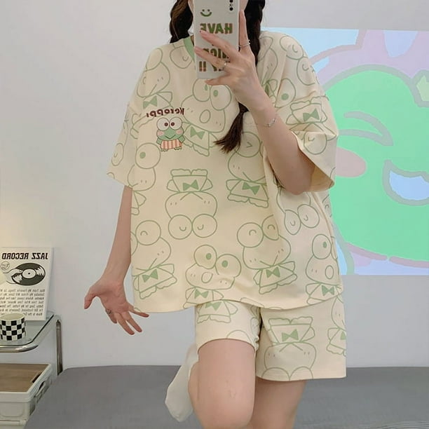 Conjunto de pijama de verano para mujer y pantalones cortos de manga corta con dibujos animados, ropa ligera para el hogar