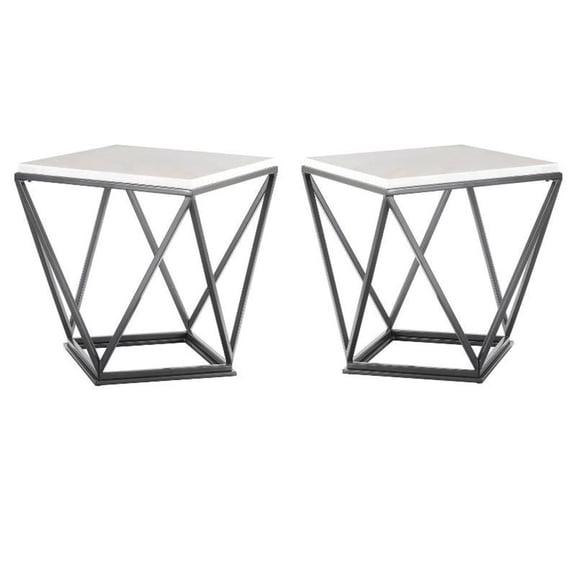 Home Square Conner Square End Table in White Marble and Black Base - Set of 2