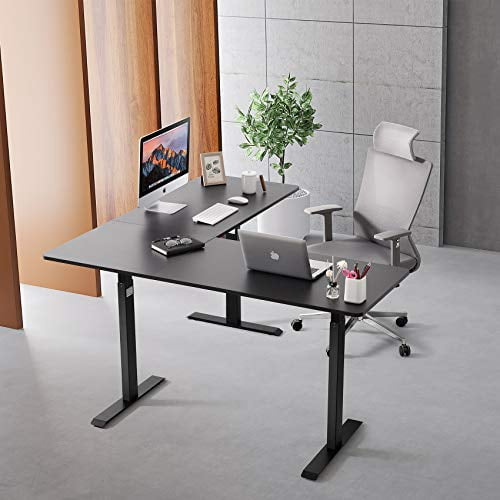 UNICOO® L Shaped Crank Height Adjustable Standing Desk, Sit to Stand up Corner Desk, L-Shaped Standing Workstation (Black Frame/Black Top - L Shape Crank)