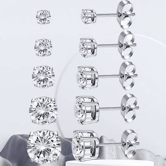 Lulena 5 Pairs Stud Earrings Set, Hypoallergenic Cubic Zirconia Earrings Stainless Steel CZ Earrings 3-8mm