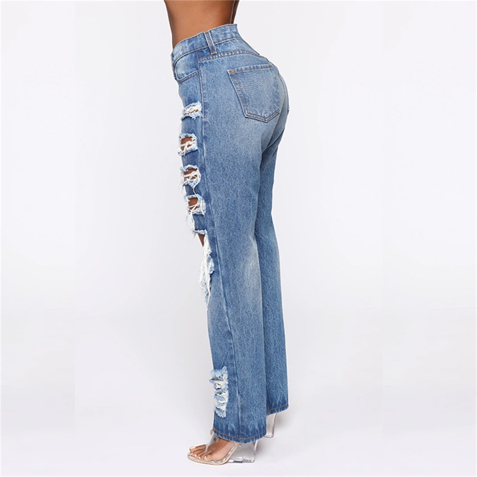 Paptzroi Pants Elastic Jeans Bottom Loose High Trousers Hole Denim Pocket Waist Women Button Women's Jeans Jean Stretcher for Women, Size: Small