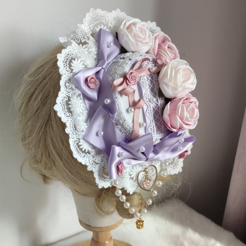 Japanese Lolita Sweet Lace Top Hat Pearl Beaded Bowknot Rose Flower Bonnet Flat Cap Vintage Steampunk Tea Party Hair Accessories