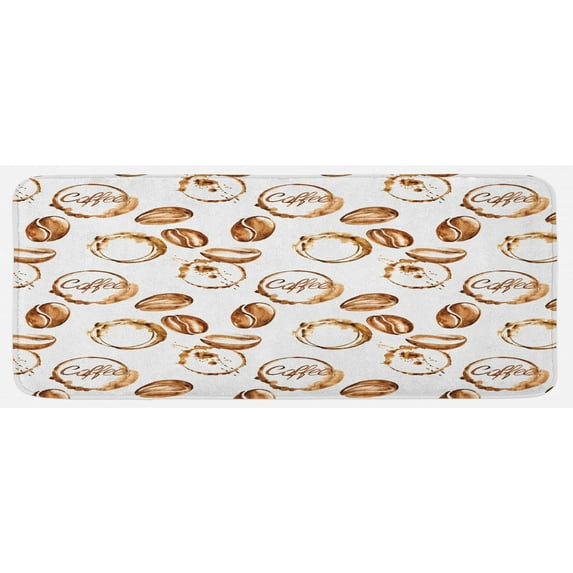 Coffee Kitchen Mat, Conceptual Watercolor Art with Beans and Spilled Java Drops Circular Stains, Plush Decorative Kitchen Mat with Non Slip Backing, 47" X 19", Pale Brown White, by Ambesonne