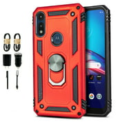 Value Pack + for Motorola E7 Moto E (2020 Release) with Tempered Glass Screen Protector Ring Kickstand Case Hybrid Phone Case Magnet Mount Ready Grip Grids Kick stand Slim Shock Bumper Cover (Red)
