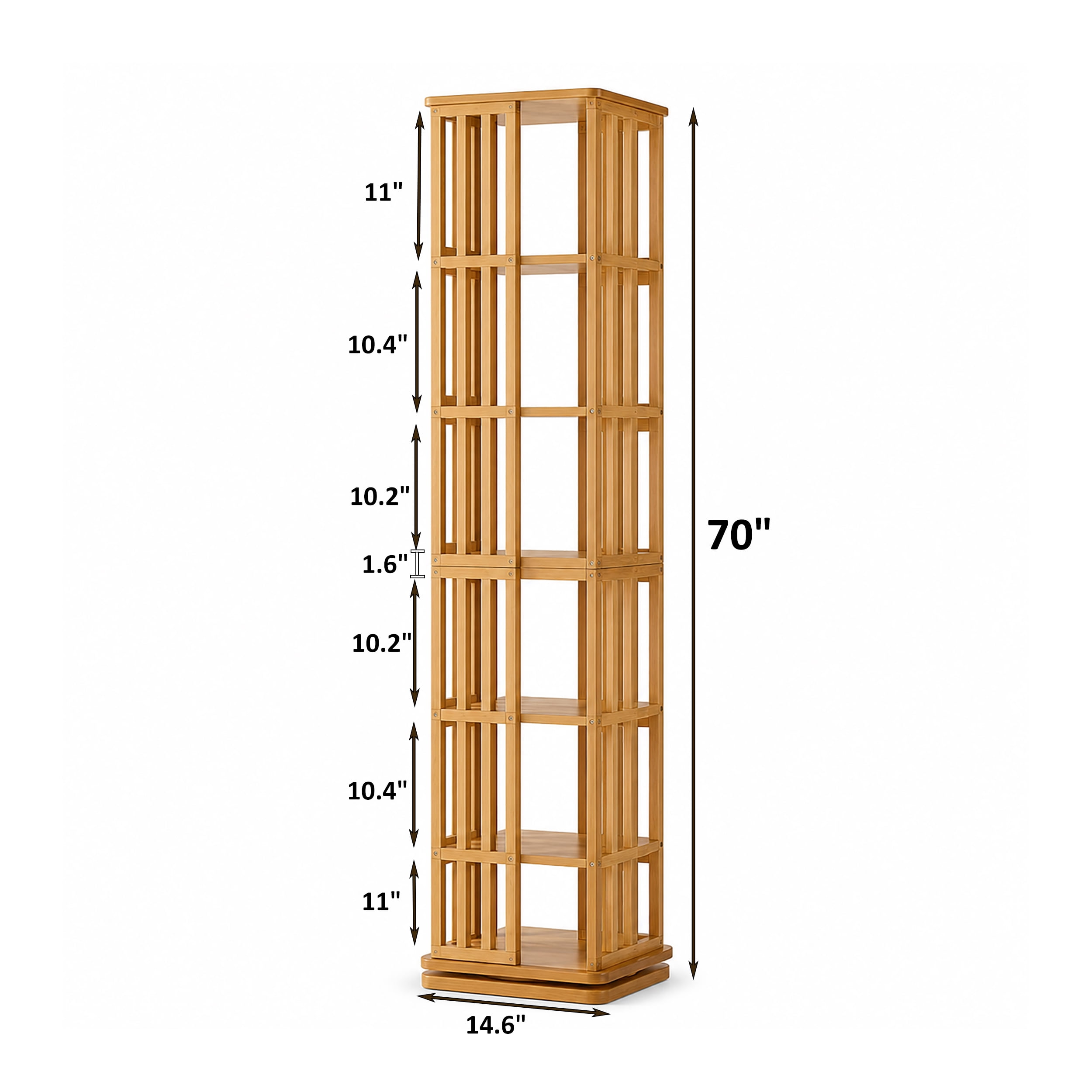 6-Tier 360° Rotating Bamboo Bookshelf Tower, Floor Standing Spinning Bookcase, Narrow Vertical Storage Rack for Kids Adults Home Office