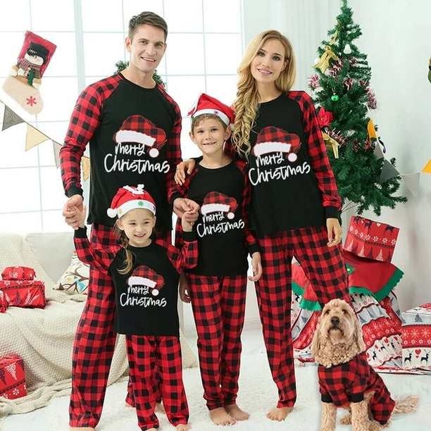Pijamas familiares a juego de Navidad sombrero de Navidad a cuadros rojos letras de Feliz Navidad conjunto de pijamas negros con pijamas de bebe Walmart en linea