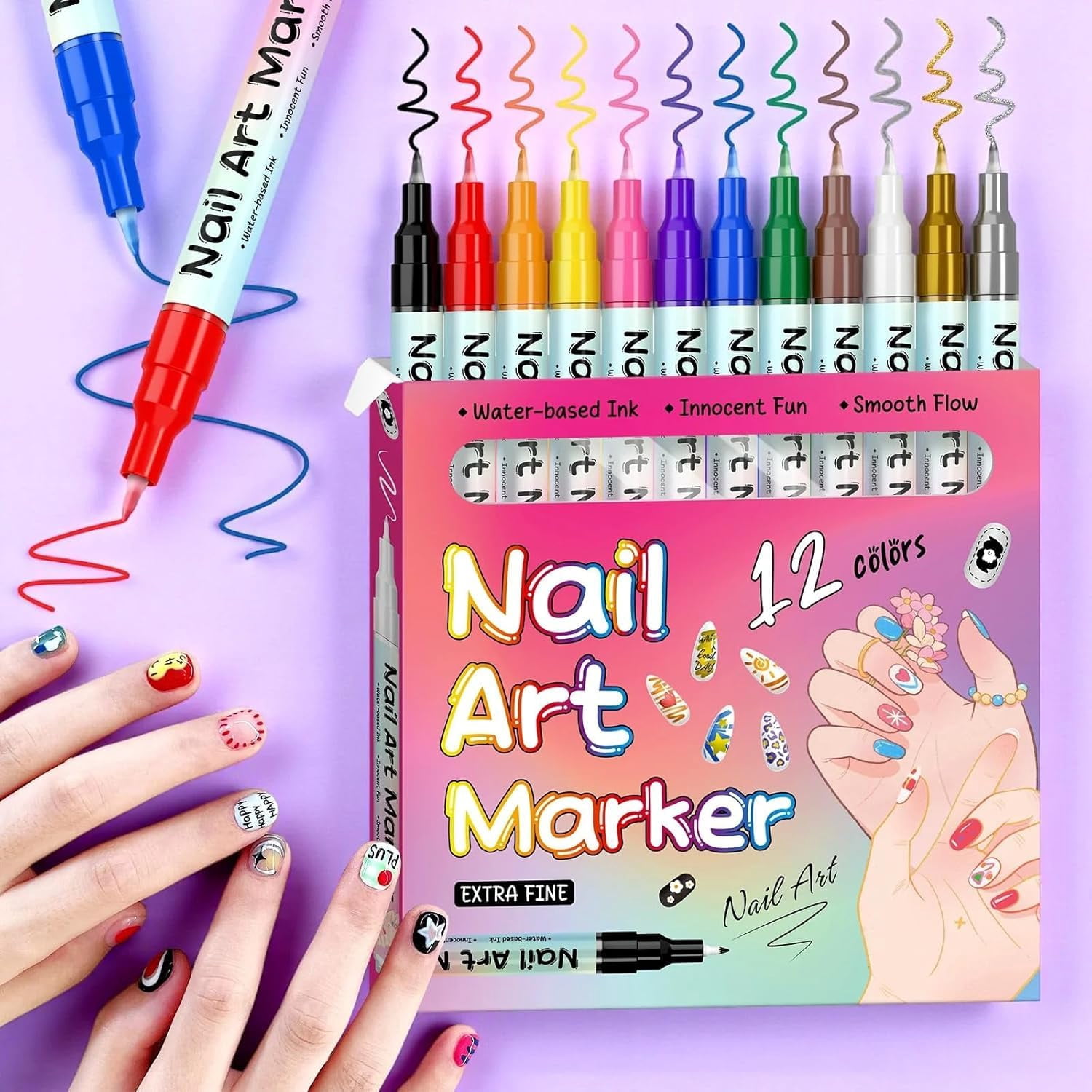 1/2Set Waterproof Nail Art Pen,12 Colors Gel Pens,Fine Tip Nail Arts Pen 0.5mm/0.01in,Acrylic Paint Pens Point Liner Pen, For Nails Art Design DIY Decoration