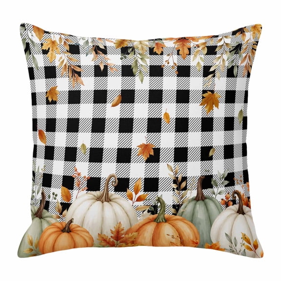 Throw Pillow Covers, Orange Green Pumpkins Fall 24x24 Pillow Covers for Couch/Sofa/Bed, Thanksgiving Maple Leaf Plaid Decorative Square Linen Cushion Pillowcase for Home Decor