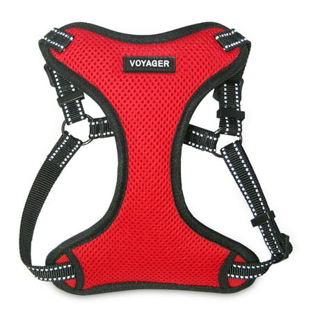 Voyager by Best Pet Supplies - Fully Adjustable Step In Dog Harness with Reflective 3M Piping (Red,