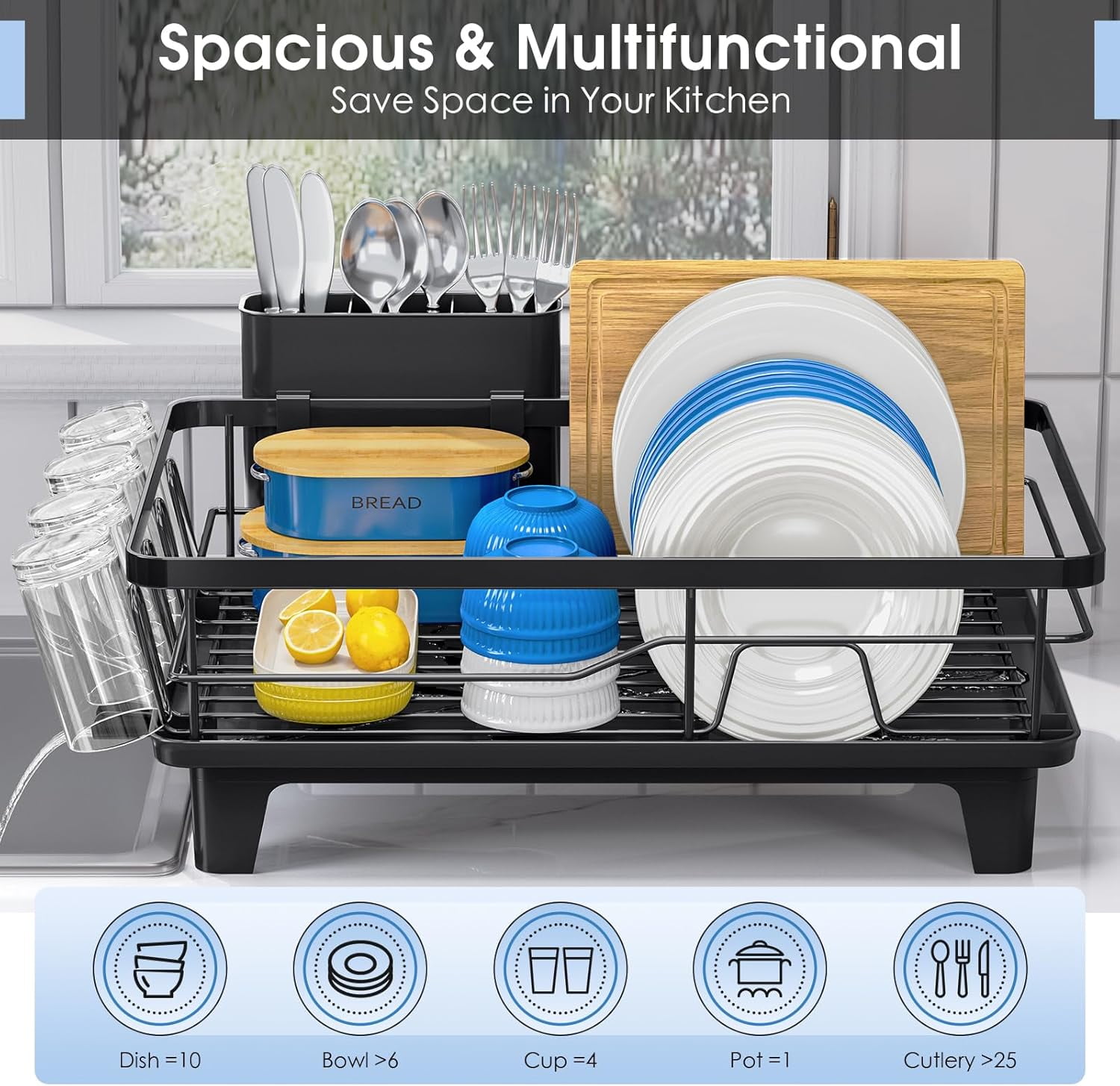 Compact Dish Drainer for Kitchen Counter - Expandable Large Capacity Drying Rack with Removable Cutlery Holder, Anti-Rust Plate Rack, Non-Slip Feet