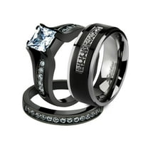 Her and His 3pc Black Stainless Steel Engagement Wedding Ring Set and Titanium Band Size Women's 10 Men's 10