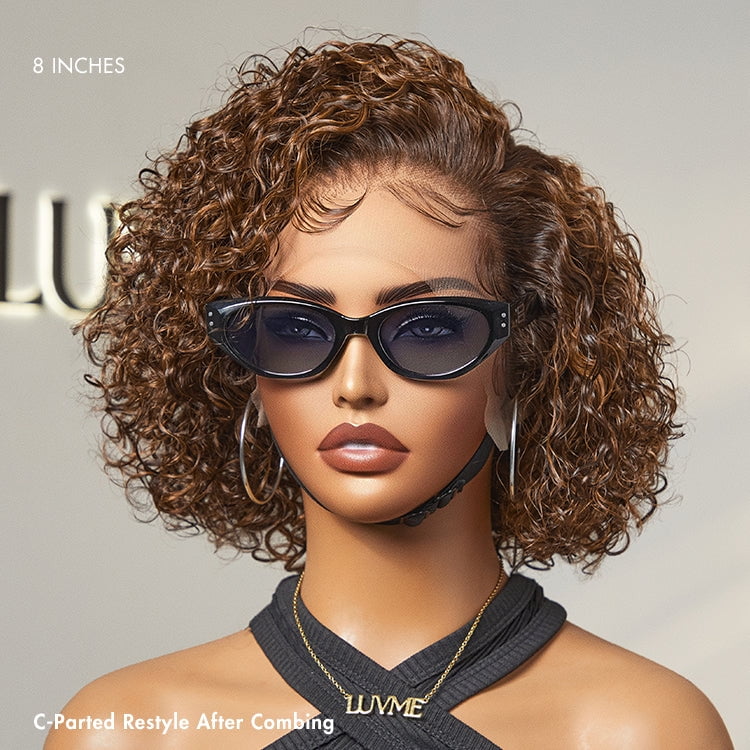 LUVME 8" Brown Highlight Short Cut Slicked Back Deep Curly Ear-to-ear Wide T Lace Wig for Women