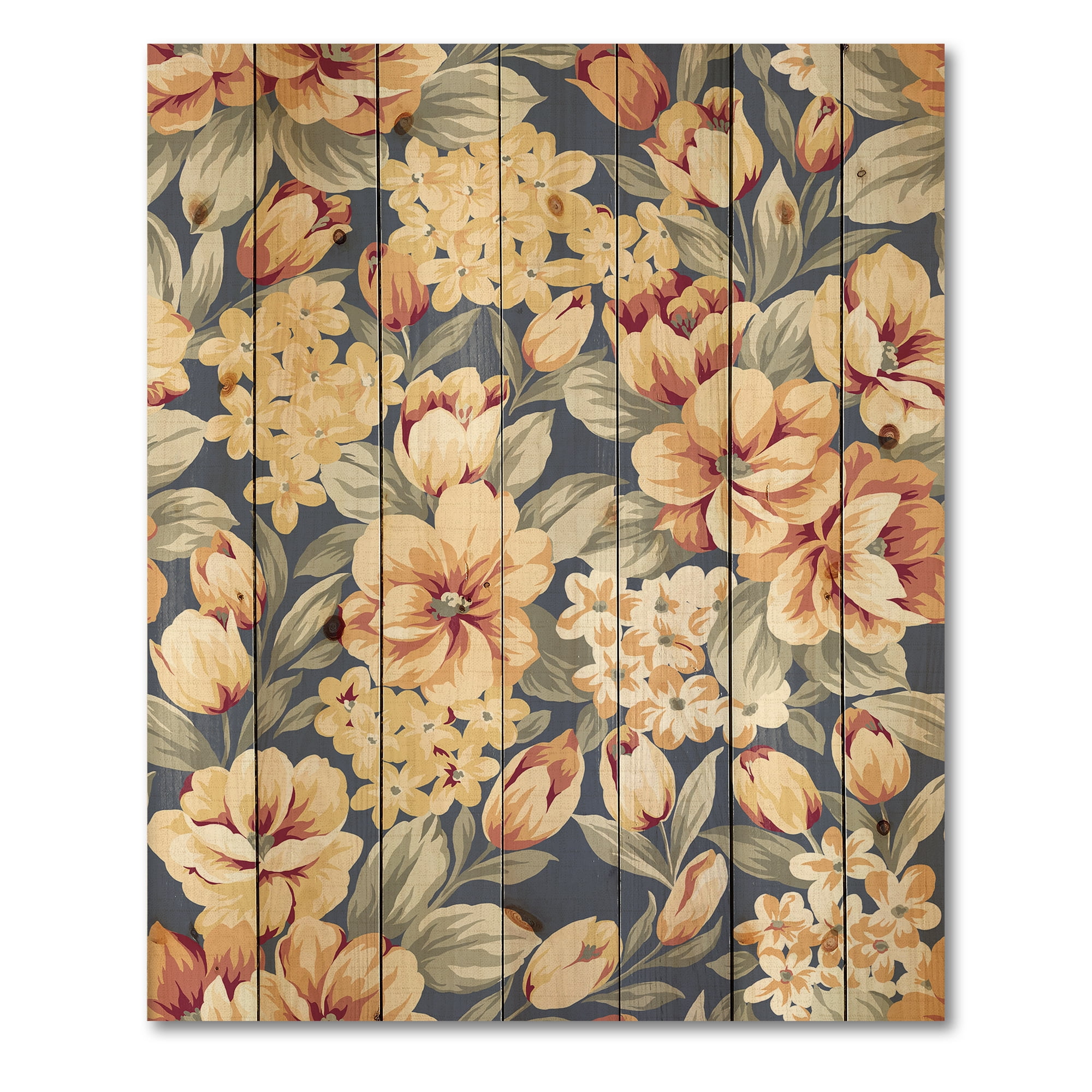 Designart 'Vintage Orange and Yellow Flowers' Traditional Print on Natural Pine Wood