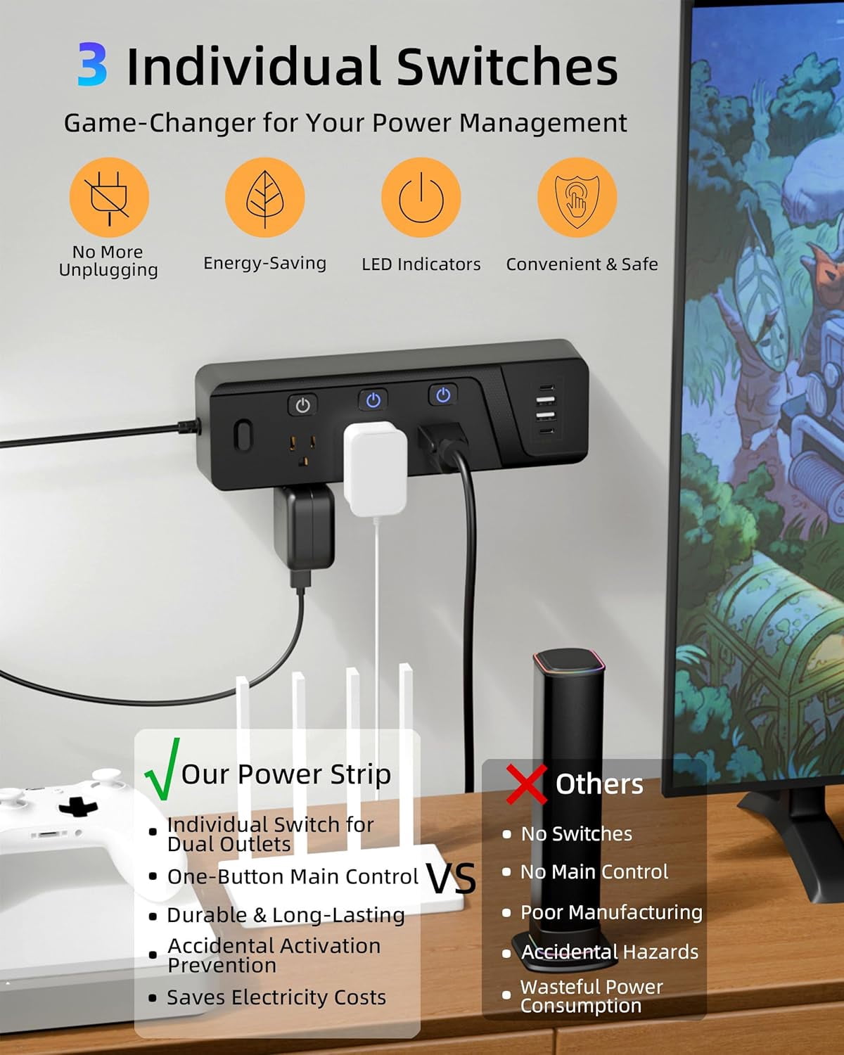 Surge Protector Power Strip with Individual Switches, 6 Wide Spaced Outlet 4 USB Ports (2 USB C), 6 ft Extension Cord with Switch On/Off, 3 Prong Flat Plug, Wall Mount for Travel Home Office (Black)