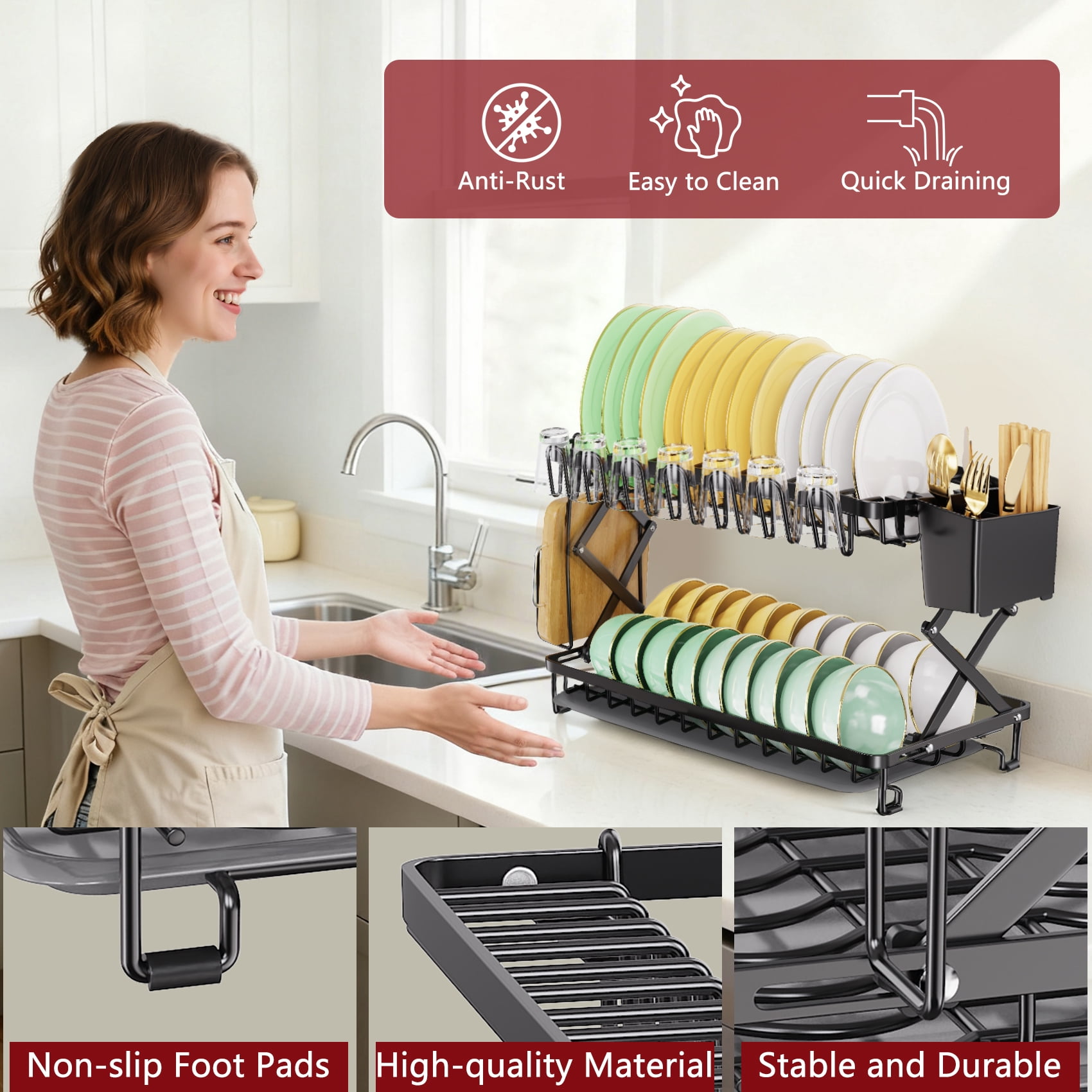 Glovv 2-Tier Collapsible Dish Drying Rack, Large Dish Racks for Kitchen Counter, Dish Drainer Sink Organizer with Utensil Holder for Dishes, Spoons and Forks, Black