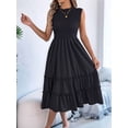 thumbnail image 5 of Women'S Ruffle Trim Flutter Sleeve Midi Dress Pleated Crew Neck Tiered Smocked Flowy Dresses Black L, 5 of 9