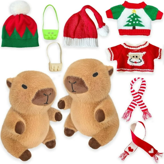 9.84" Capybara Plush Toy Set (10Pcs) - 2*Plush Dolls & 2*Clothings & 2*Hat & 2*Bags & 2* Scarves - Cuddly Soft Huggable Stuffed Animals Toy Pillows, Perfect Gifts for Women Teens & Fans