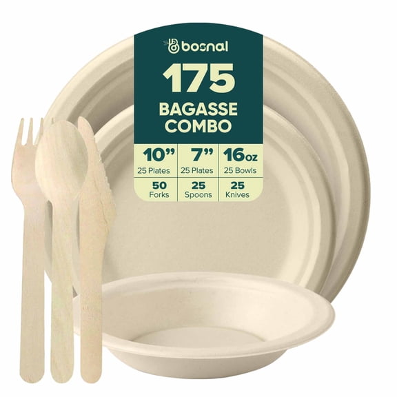 BOSNAL 10 inch and 7 inch with 16 oz, Sugarcane Bagasse, Compostable Disposable, Party Catering, Meal Set