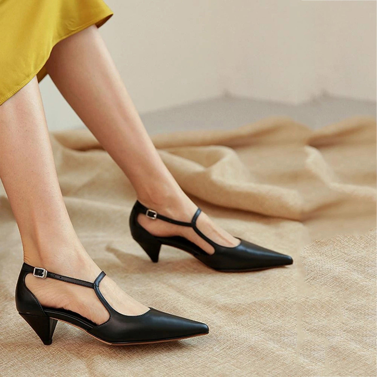 Fashion Women Shoes Pointed Toe Pumps Low Heel Metal Chain Woman High Heels  Black Soft Leather Ladies Work Dress Shoes - AliExpress